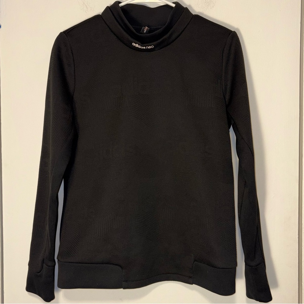 Adidas Neo Textured Mock Neck Long Sleeve Fleece Lined Black Top Size A/L